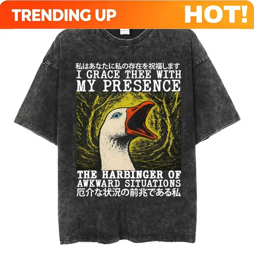 Customization Vintage Washed The Harbinger Of Awkward Situations T-shirts Weirdcore Japanese Funny Graphic T Shirt Men's Harajuk
