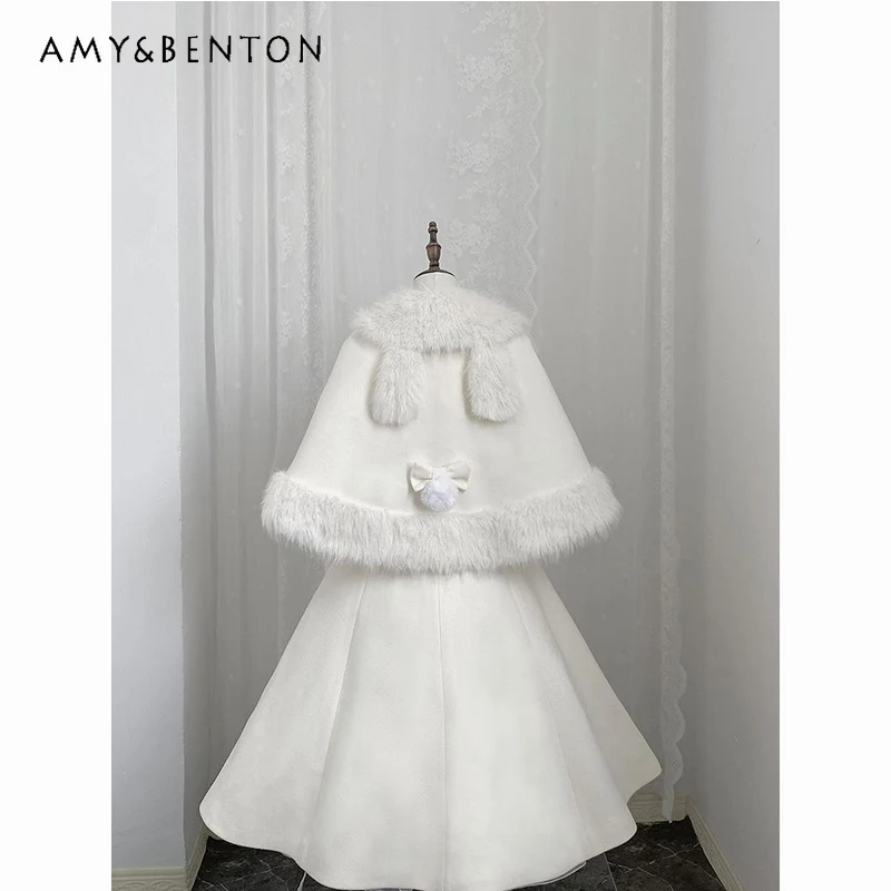 

Новая зимняя японская белая Лолита, тяжелая женская накидка, шерстяное пальто, оригинальный дизайн, милое пушистое пальто средней длины для девочек