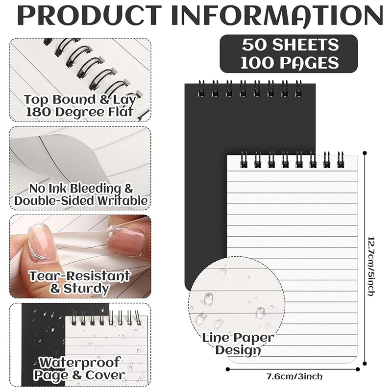 

Водонепроницаемый блокнот 3x5, 28 шт., всепогодный спиральный карманный блокнот, водонепроницаемый блокнот для записи дождя-VVBC