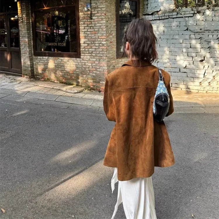 Caramel Suede Jaet Women's Suiting Leather Coat American Sle Loose Fit Regular Length Button Closure ort Outerwear