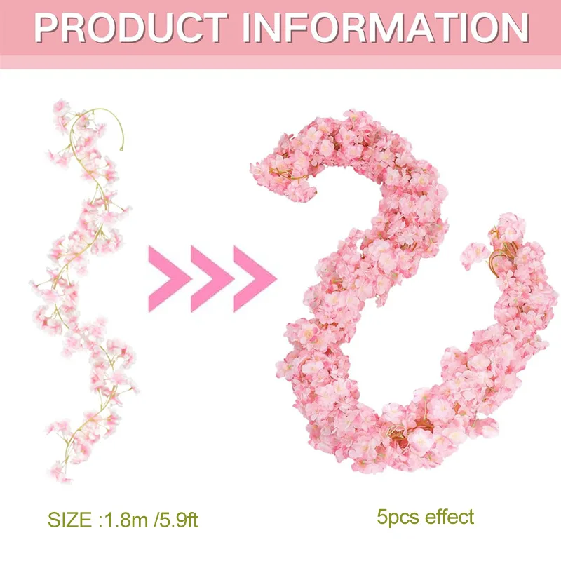 180cm Künstliche Sakura-Blumengirlande, Kirschblüten-Deko für Hochzeit, Garten, Bogen, Hintergrund, Heim und Partydekoration – Detail 2