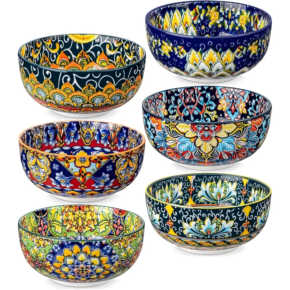 

6pcs Bohemian Ceramic Bowls 28oz – Colorful Porcelain Salad Pasta Cereal Bowls, Microwave & Dishwasher Safe (Set of 6)
