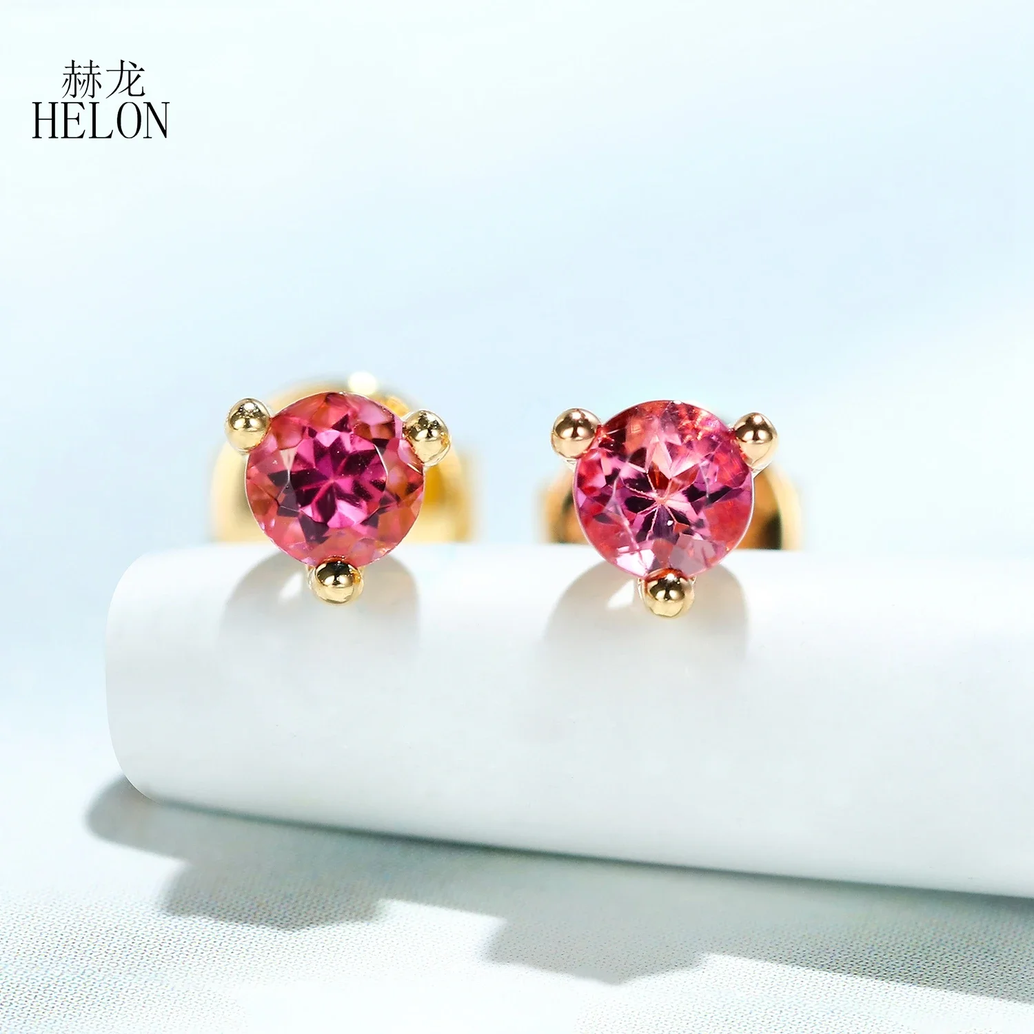 HELON Solid 18K AU750 Yellow/White Gold Genuine Tsavorite/Pink Sapphire Stud Earrings Women Round 3mm Simple Solitaire Jewelry