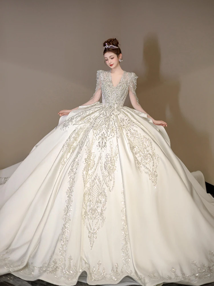 luxury Full sleeve Wedding Dresses classic Satin wedding dress with Royal Train Shiny Wedding Dress customized