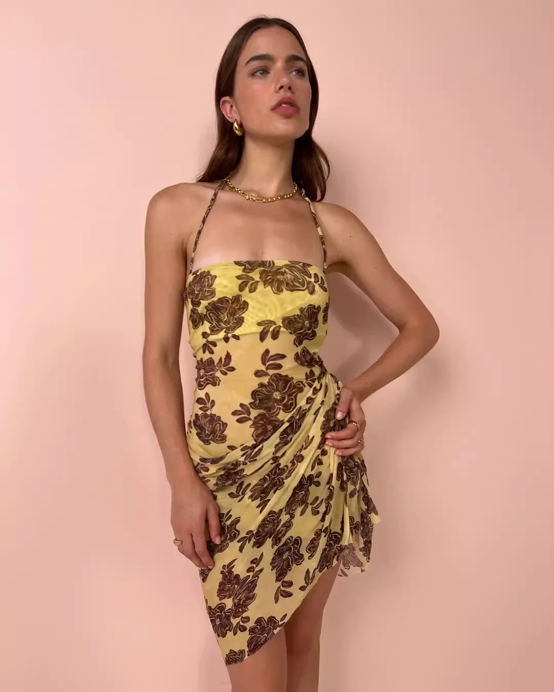 

Retro Print Female Slim Dress Hanging Neck Strapless Backless Sexy Mini Robe