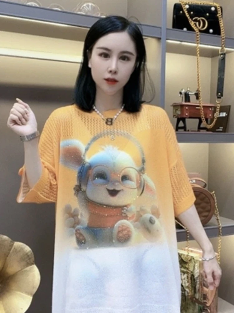 Knitted Rhinestone Shorts Set Female 2023 Summer New Printed Gradient Cartoon Rabbit Hollow round Neck Top Shorts Two-Piece Set