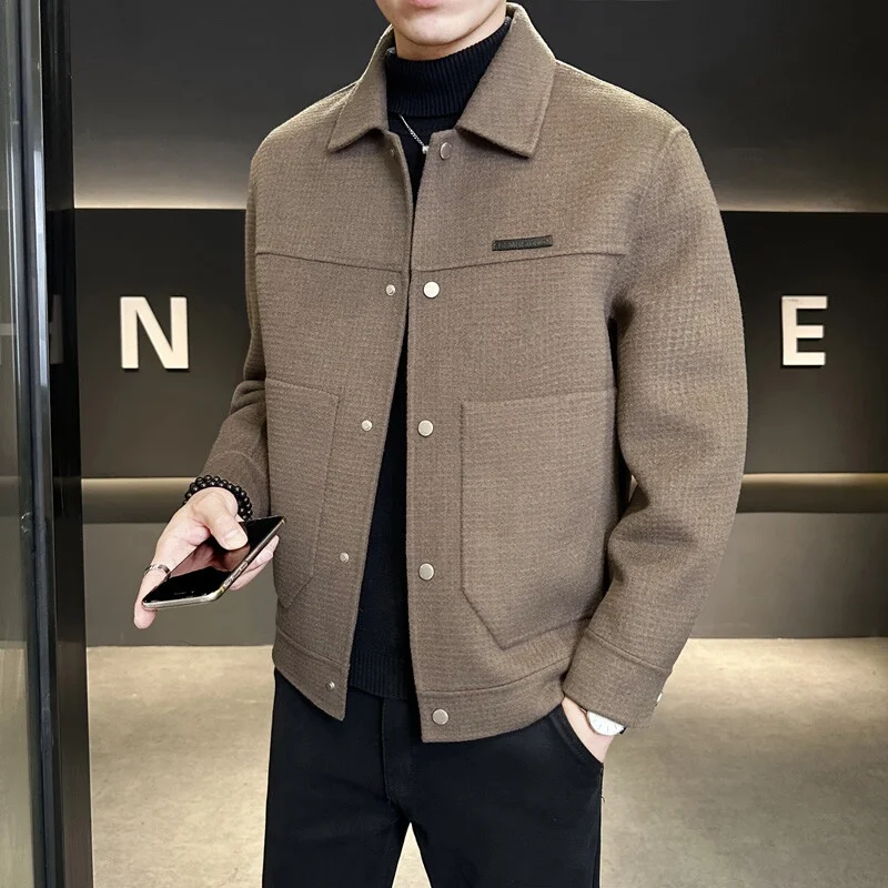 

Новая мужская двусторонняя шерстяная куртка 2025 года: повседневная, высококачественная, универсальная, с отложным воротником, теплая, модная верхняя одежда
