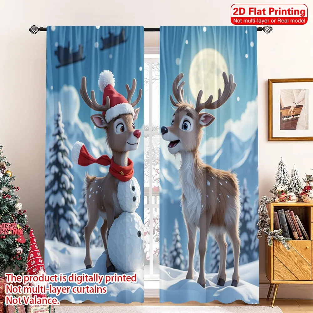 

2pcs 2D flat printing Christmas Curtain Christmas Snowman Reindeer Sleigh Fabric Without Electricity 0 for New Year Celebrations