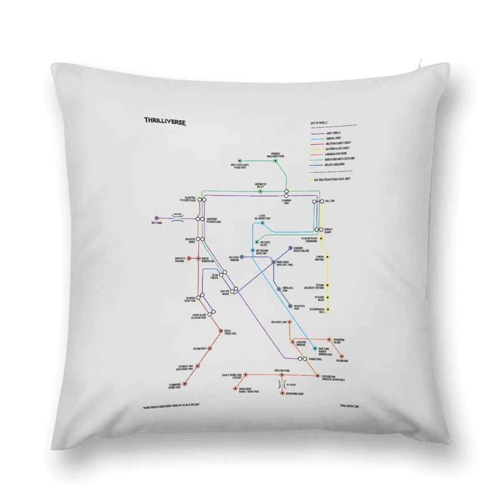 UK Theme Parks Map - White Throw Pillow ornamental pillows pillow cover luxury luxury home accessories pillow