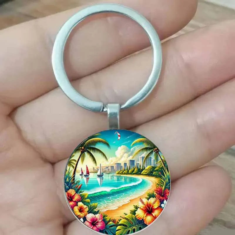 

Circular Keychain - A Unique Birthday Gift for Travel Enthusiasts and Nature Enthusiasts in the Seagull and Palm Tree Scene of M