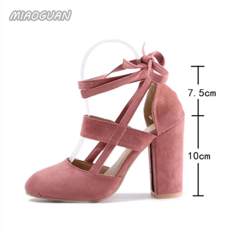 Women Heels Large Size Women\'s Shoes Chunky High Heeled Lace Up Casual Pumps Ankle Straps Solid Color Thick Heel Sandals Shoes