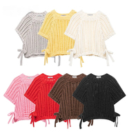 New Women Chunky Knit Top with Side Straps O-Neck Short Sleeves Hollow Out Cropped Sweater Pullover for Casual Female
