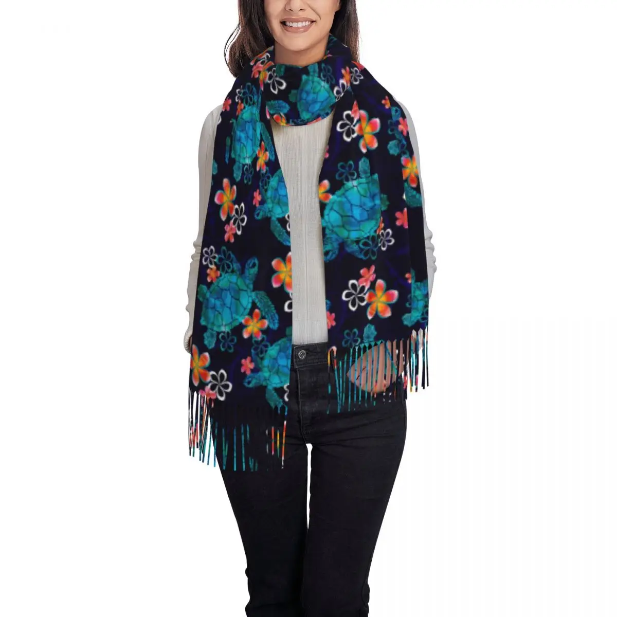 Custom Print Sea Turtle With Flowers Scarf Men Women Winter Warm Scarves Shawl Wrap