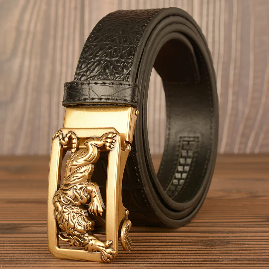 

New Tiger Zodiac Automatic Buckle Men's Belt, Cowhide Fashionable and Personalized Crocodile Pattern Belt, Men's Cowhide Pants B