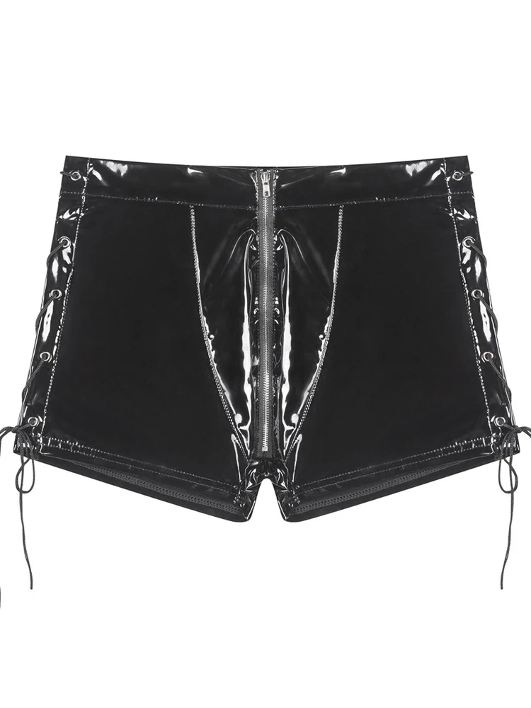 S-5XL Wet Look PVC Boxer Shorts Shiny Faux PU Leather Trunks Men Convex Pouch Boxershorts Lace Up Bandage Calconcillos Underwear