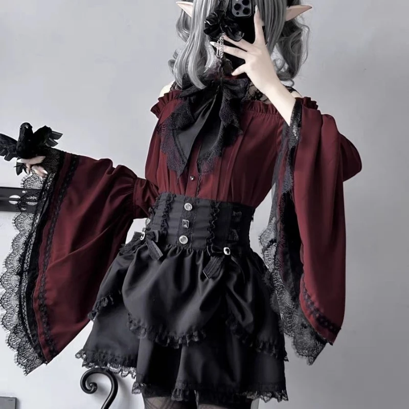 Chemisier japonais Lolita Kawaii pour femme, nœud esthétique Y2k, All Match JK, évider, Off Initiated Lace Patchwork Shirts