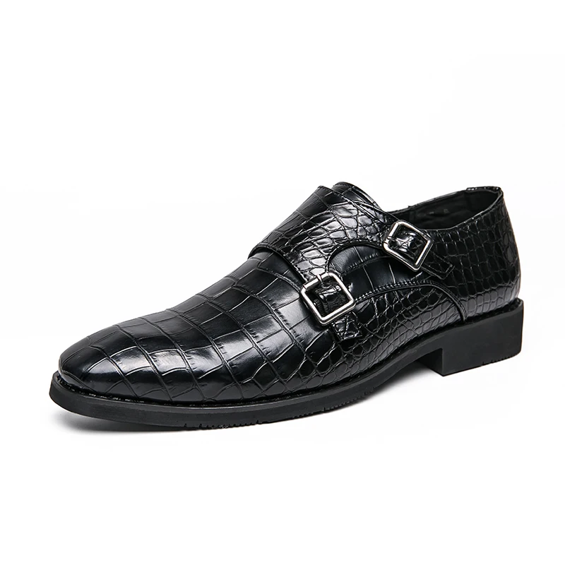 New Black Men\'s Formal Shoes Brown Crocodile Pattern Double Buckle Business Loafers Round Toe Dress Shoes Men Size 38-48