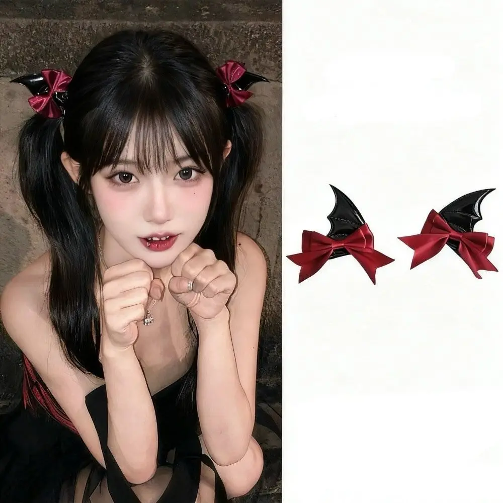 2 Pcs Cute Bow Halloween Hairpins Y2K Gothic Style Devil Horn Hair Clips Punk Lolita Style Bat Wings Hair Clips Party Wear