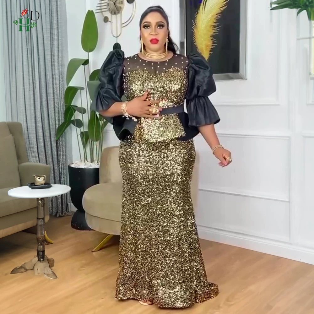 

H&D African Clothes For Women Dress 2025 New Fashion Evening Party Dress Vintage Pearl Gown Casual Vestidos Sequin Elegant Bubu