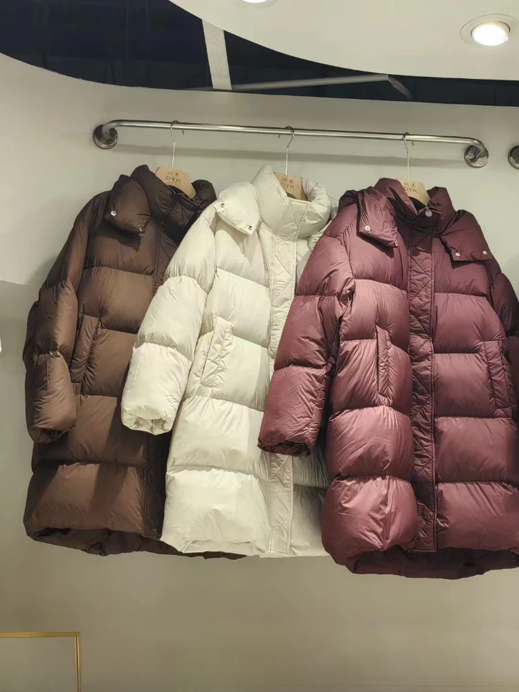 Chaqueta de plumón de pato de longitud media para mujer, parka informal holgada con capucha, gruesa y cálida, para invierno, 2024, novedad de 90%