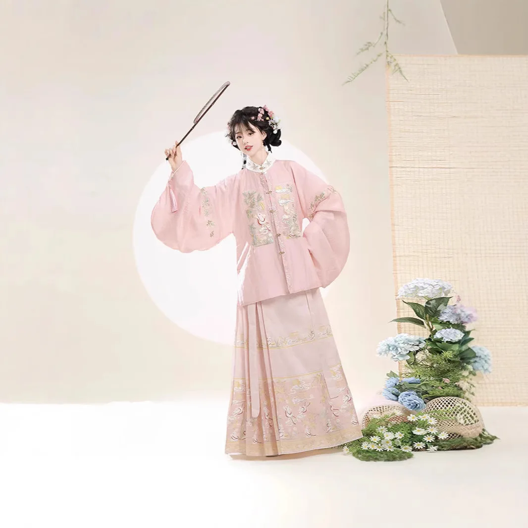 

Взрослый Ханфу Мин воротник-стойка вышивка нашивка рукав Пипа юбка с конским лицом весенне-осенний костюм