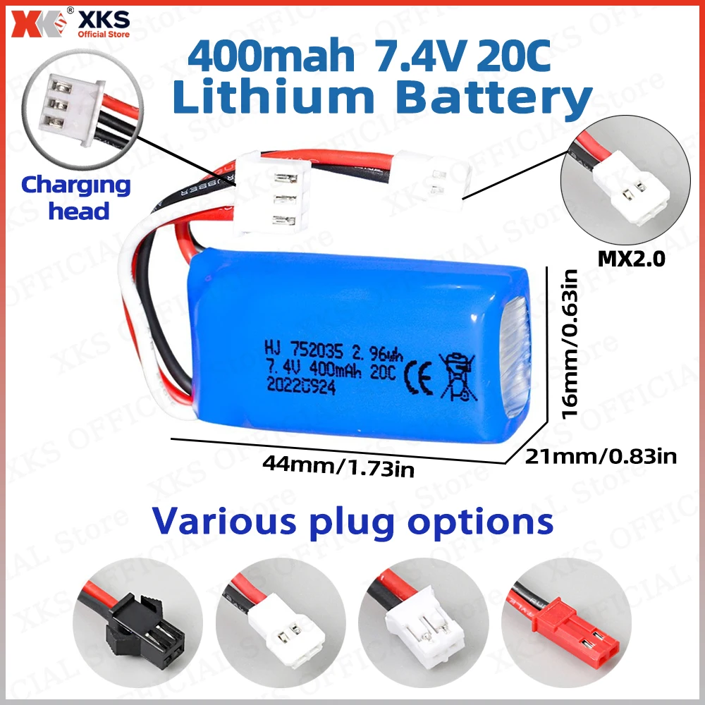 Batería de iones de litio XKS 7,4 V 400 mAh 20C 752035 - Para cuadricópteros DM007, drones aéreos, accesorios para drones RC, recargable