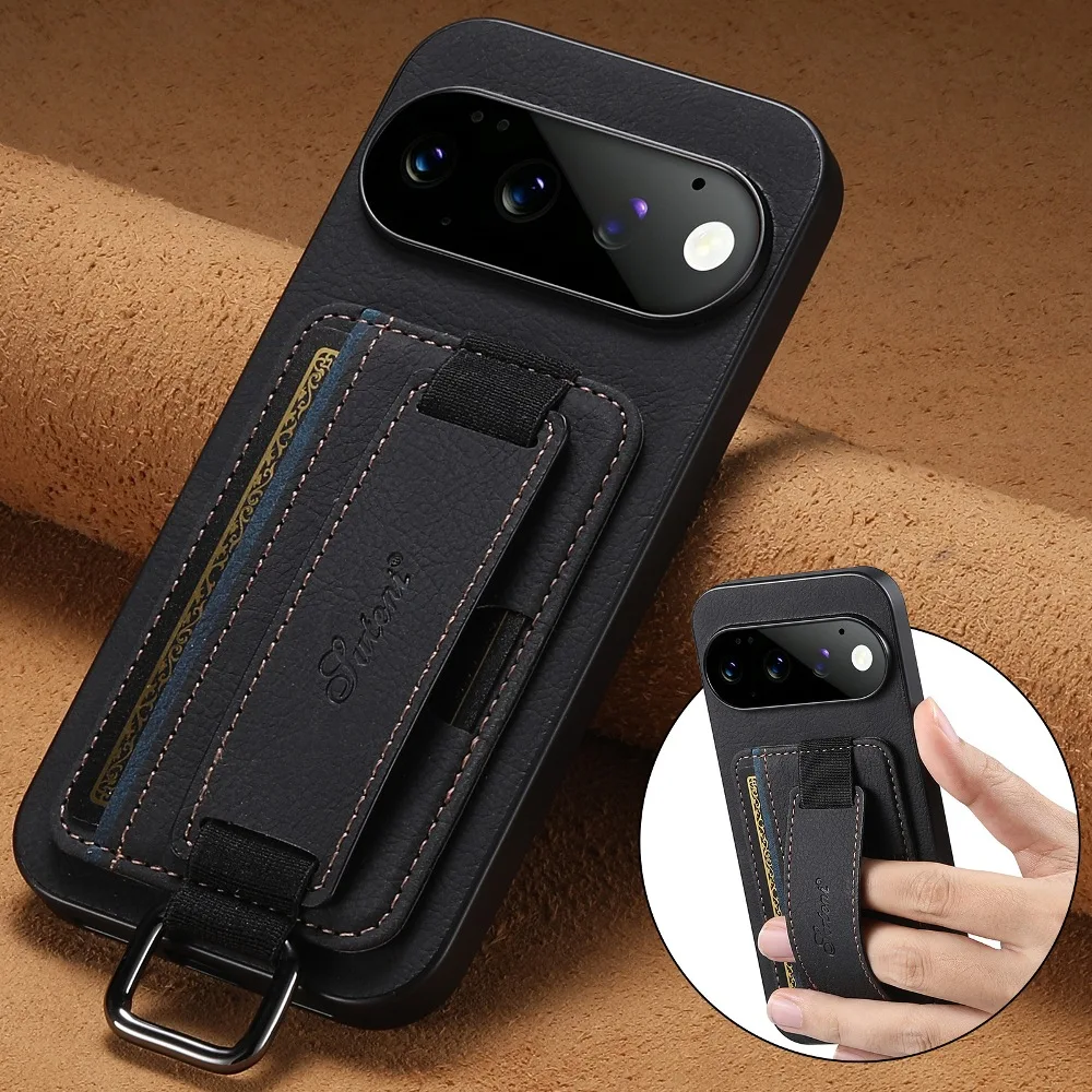 Retro Solid Color Leather Phone Case for Google Pixel 11 10 9 Pro XL/6 7 8 Pro/10A 9A 8A 7A 6A with Back Wrist Strap Ring Buckle