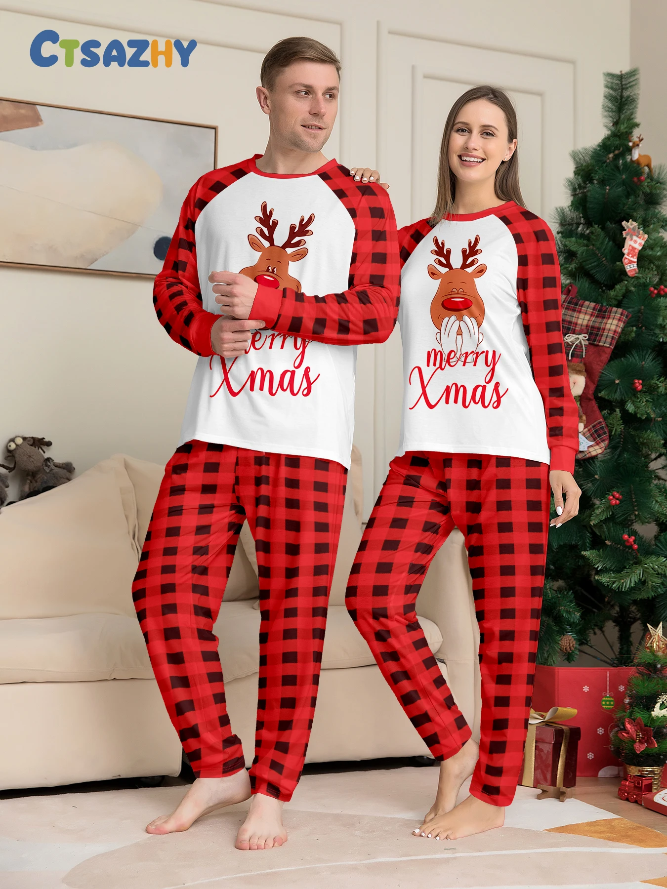 

Romantic Christmas Gift: Couple's Pajamas with Reindeer, 'Merry Xmas' Raglan Tops & Red - Black Plaid Pants