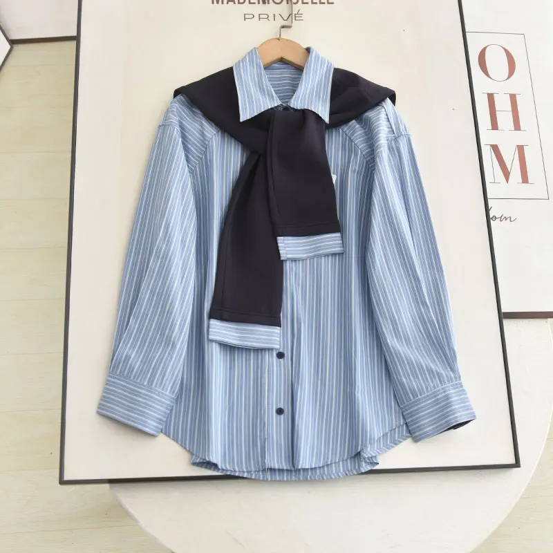 

Повседневная рубашка с длинным рукавом и съемной накидкой на плечи, в полоску, дышащая, удобная, свободного кроя, для повседневной носки.