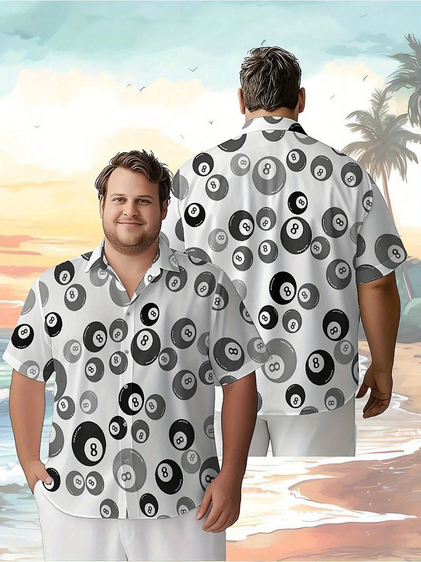 

Men's Plus Size Hawaiian Shirts Black and White No. 8 Billiards pattern,New in Summer Fashion Tops,Hip Hop Rock Streetwear