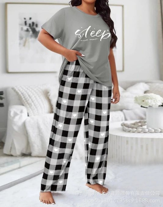 

Fashion casual printed round neck short sleeved top and heart-shaped pants home suit two-piece set