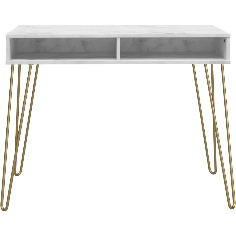 Escritorio moderno con apariencia de mármol blanco y espacio de almacenamiento