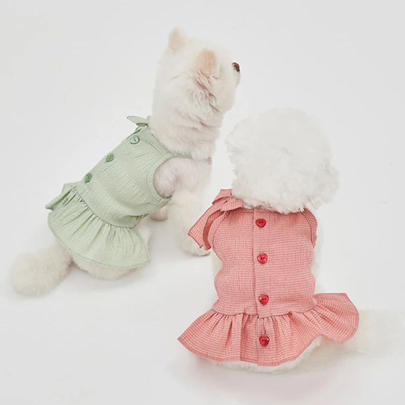Vestido rosa para perro, vestido a cuadros con botones y corazón, vestido con volantes, caniche maltés Shi Tzu, Chihuahua, ropa para perros pequeños, vestido de fiesta para niñas, vestido de gato