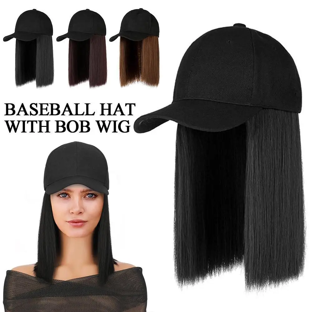 Baseball Cap with Synthetic Hair Extensions Heat Resistant 13 Inch Adjustable Short Straight Bob Wigs in Hat for Women Daily Use