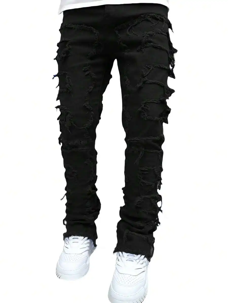 

Mens Distressed Black Denim Jeans With Raw Trim Casual Streetwear