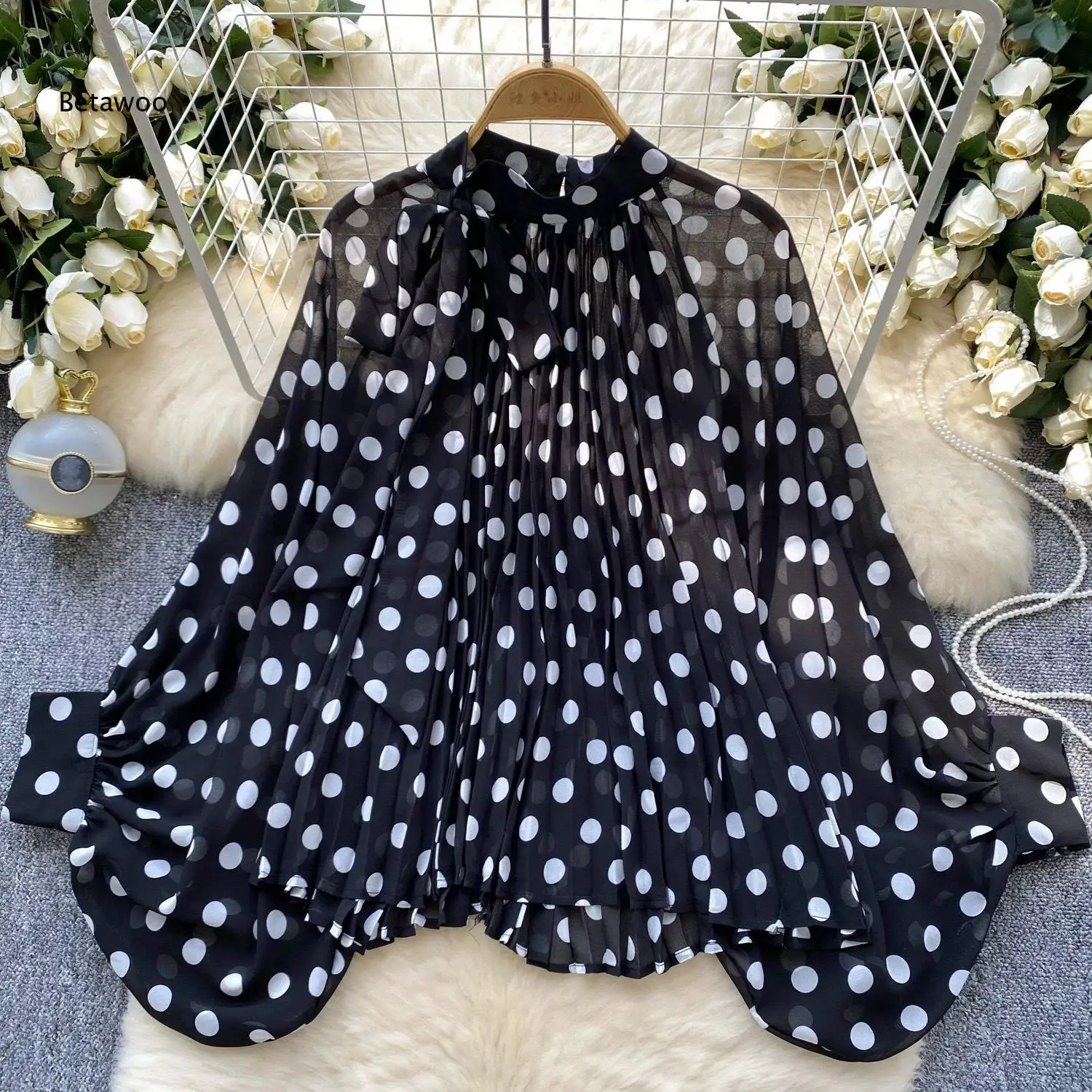 

Polka Dot Chiffon Blouse with Bow Neck