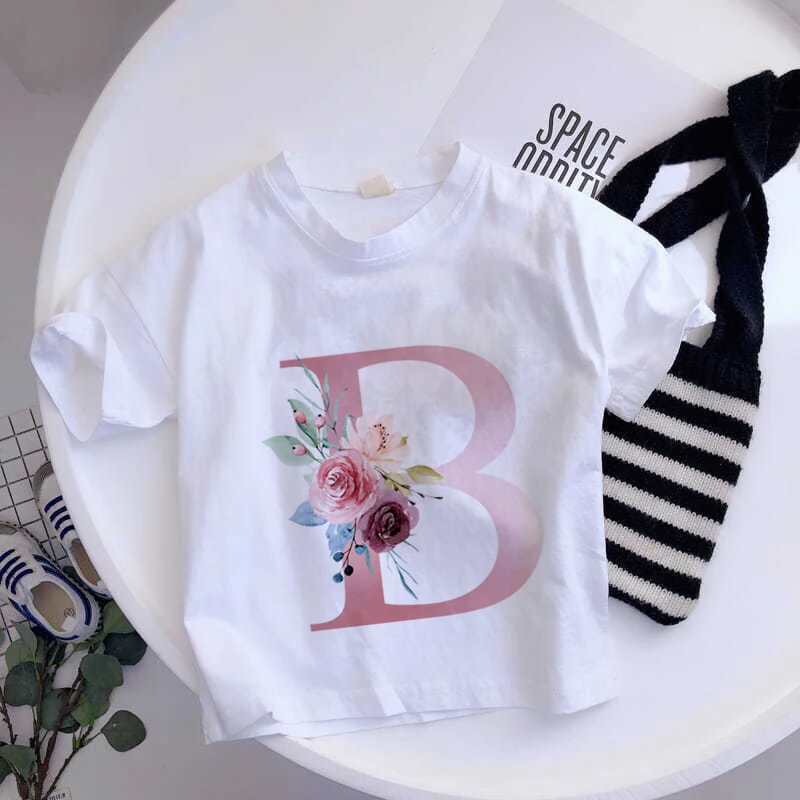 26 English Letter T-shirt A B C D summer Kid Children  Fashion Flower T-Shirt Cartoons Casual Clothes Girl Boy Short Sleeve Tops