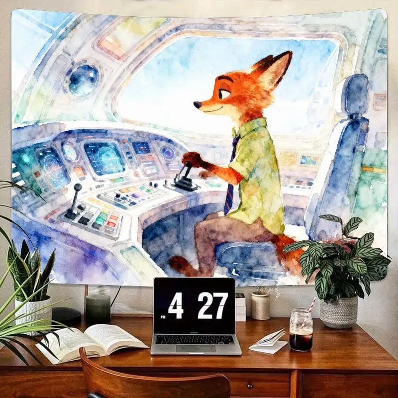 

1 шт. гобелен Nick Wilde Fox Pilot, настенный гобелен Zootopia Watercolor Art, современный декор для гостиной, спальни, общежития, подарок для фанатов.