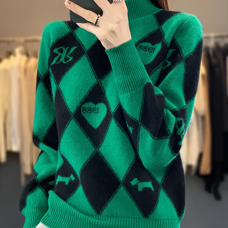 

Fall/Winter 2023 New 100% Merino Wool Jacquard Half High Collar Sweater Loose Knit Pullover Casual Soft Fashion Top