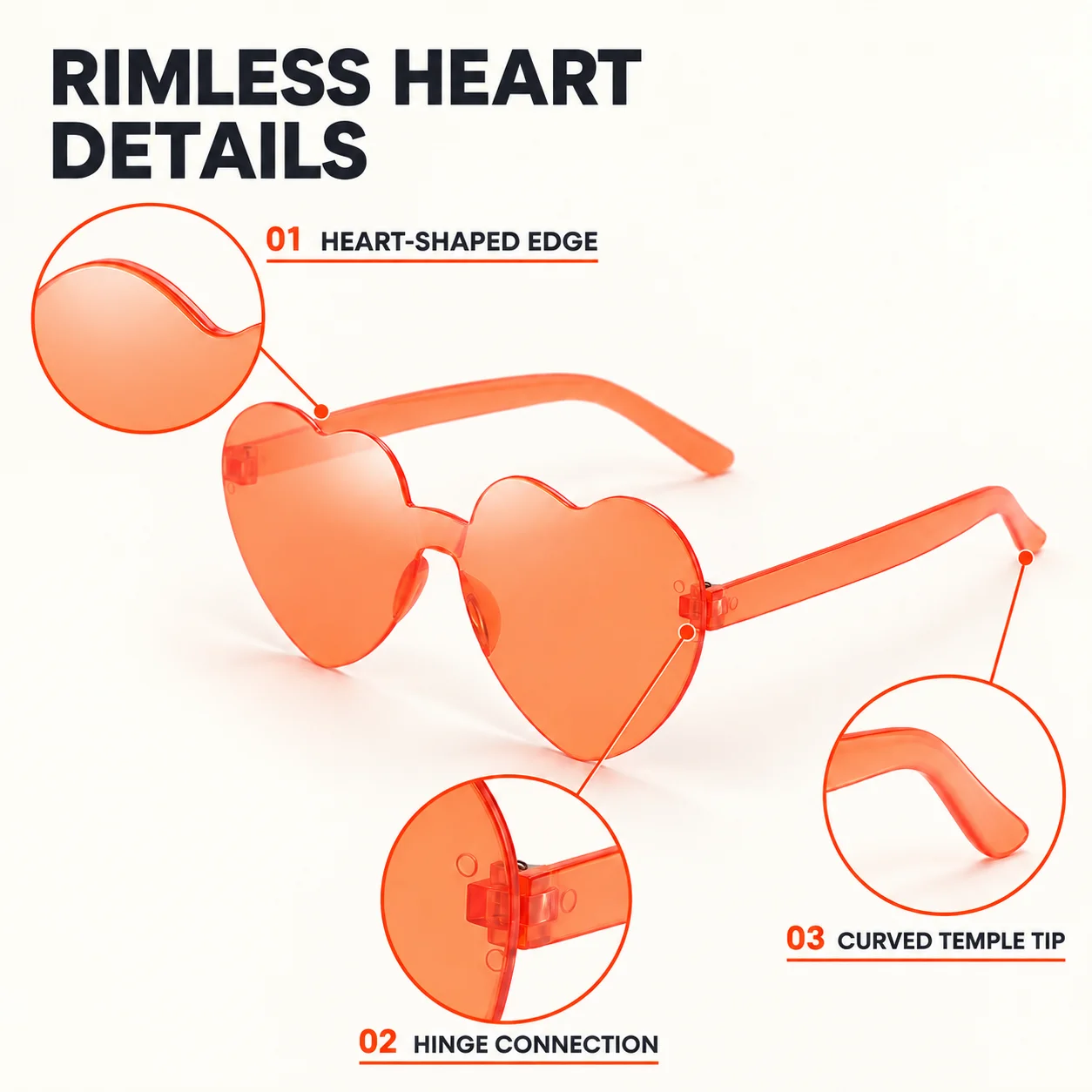12 Pack Rimless Heart Shaped Sunglasses, Orange-Red or Green Party Glasses for Group Photos, Costumes and Events