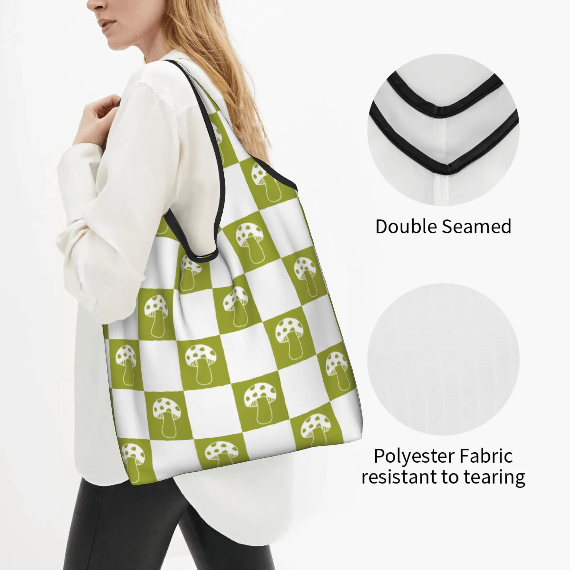 Custom Mushroom Checkerboard White Green Shopping Bags Women Portable Big Capacity Groceries  Shopper Tote Bags