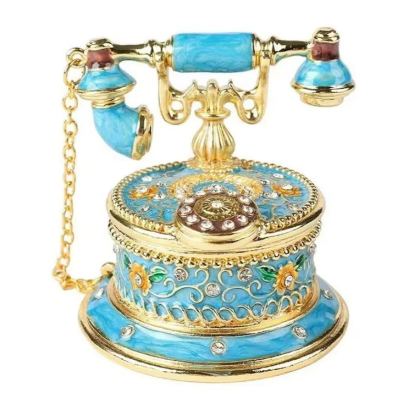 New Hand Painted Enameled Decorative Telephone Hinged Jewelry Trinket Box Gifts Necklace Bracelet Ring Storage Box
