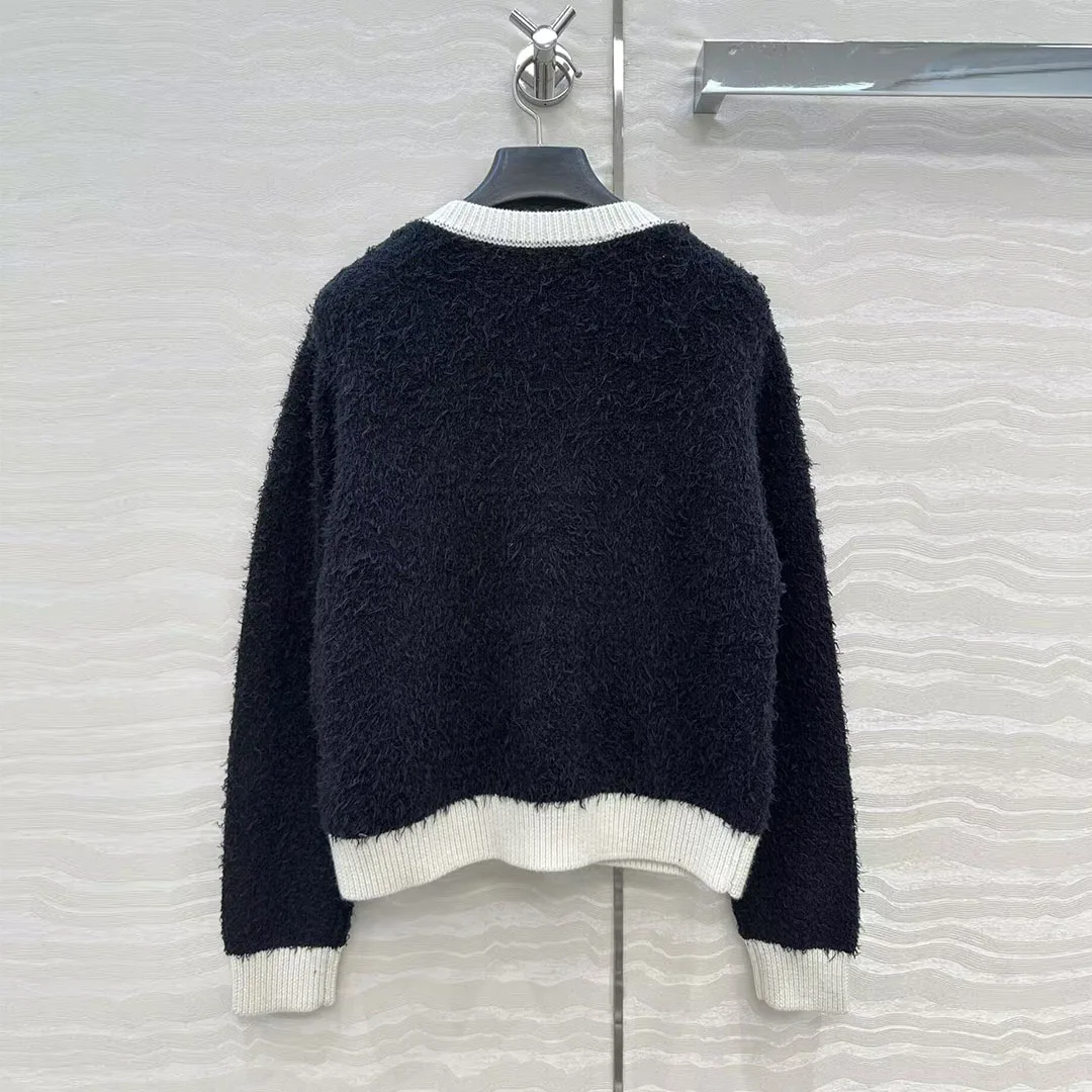 New Autumn Winter Cute Mohair Wool Blends Knitted Cardigans Stripes Patchwork O-neck Long Sleeve Pockets Vintage Sweet Sweater