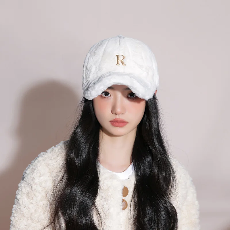 Metal Letter R or C Imitation Rabbit Hair Duck Tongue Hat Women\'s Warm Thickened Fashion Plush Baseball Hat Men