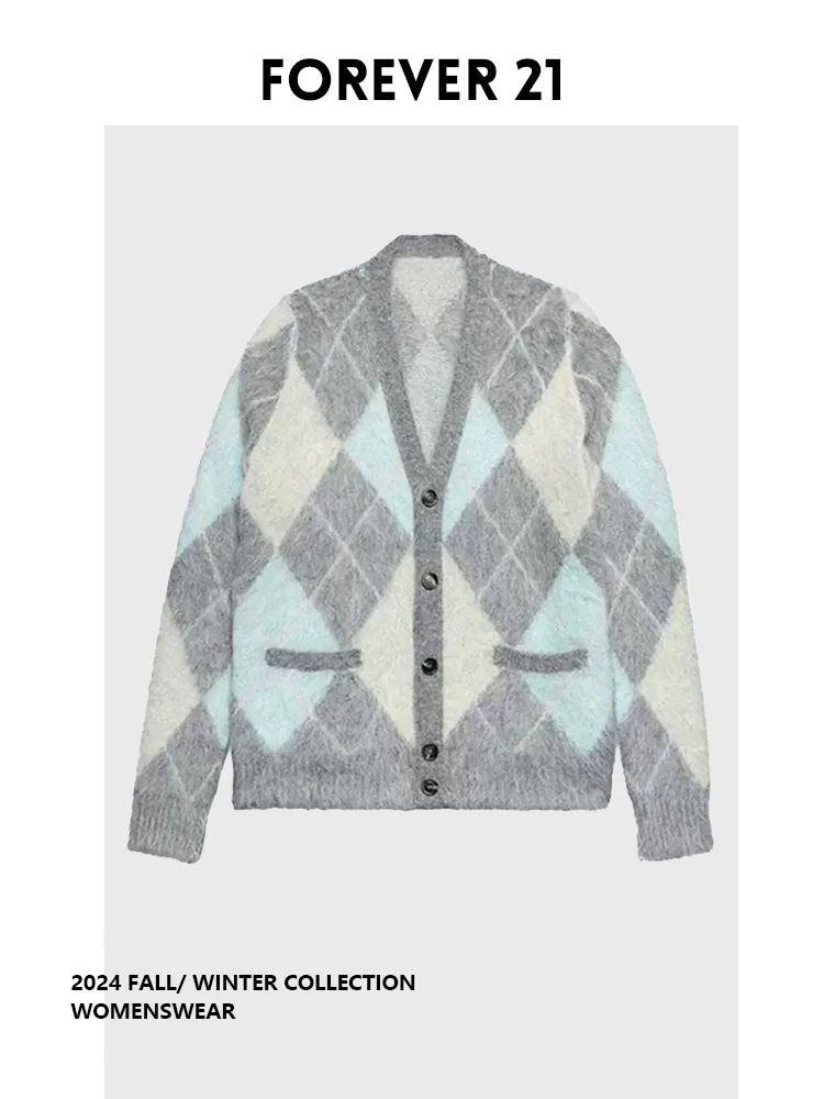 

Женский кардиган с ромбовидным узором, свободный крой, V-образный вырез, вязаный, для ранней осени, новый, длинный рукав, для повседневной носки