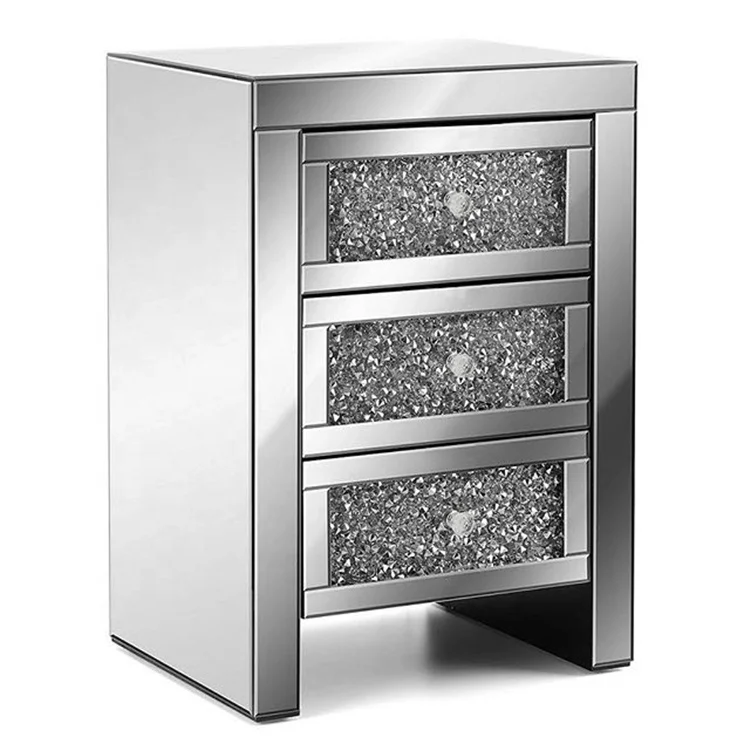 High Quality Diamond Side Table Mirror Cupboard Modern Silver Wooden Bedside Cabinet Style Home Furniture for Bedroom New