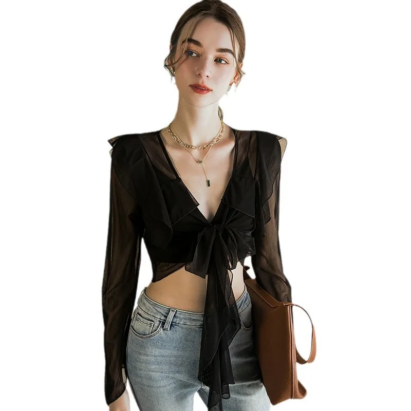 MadBlack European Clothes Tshirts Women Sexy V Neck Sheer Slim Smock Crop Top Long Sleeve Sunprotect Tee Spring Summer T43473JC