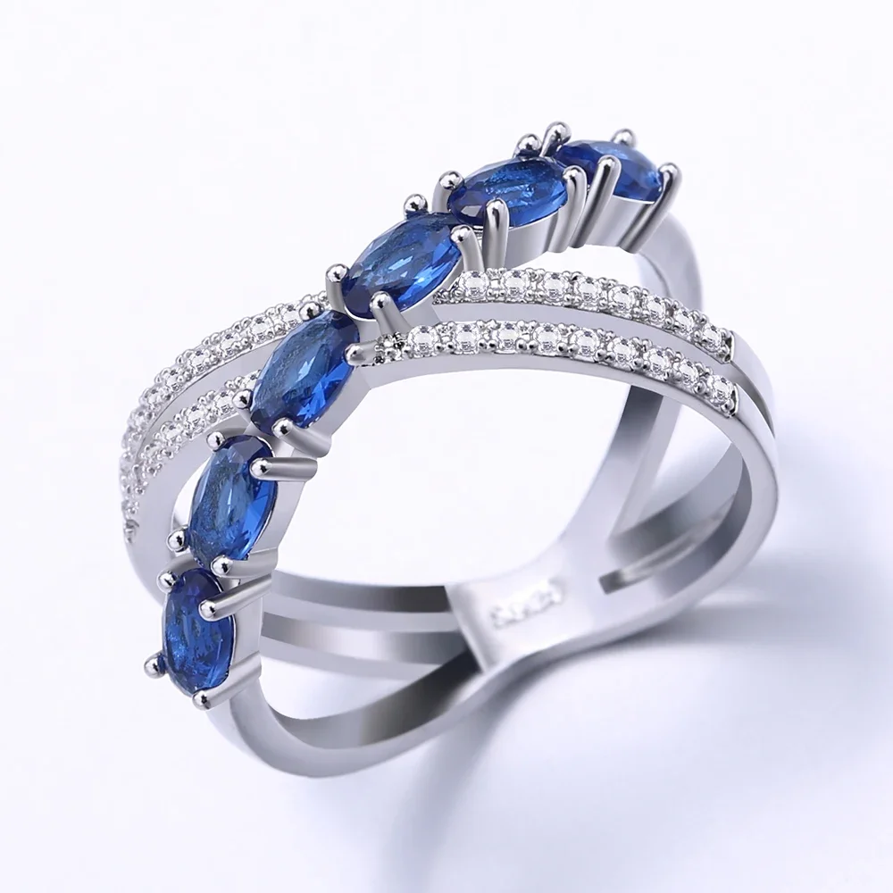 2024 Creative Gift Ring Personality X Shaped Design With Blue Cubic Zircon Prong Setting Custom Summer Style Finger