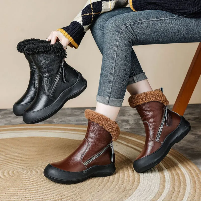 New Winter Mid-Calf Warm And Velvet Thickened Genuine Leather Women Boots With Non-Slip Soft Sole Comfortable Side Zipper Ankle