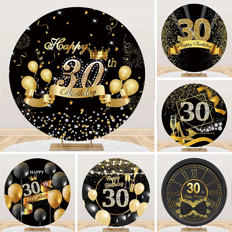 30th Birthday Party Round Backdrop Black and Gold Crown Whiskey Wine Decor Women Men Cheers to 30 Years Circle Photo Background